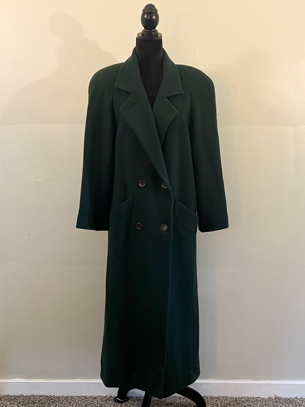 Vintage 1980’s Stephanie Mathews green wool double-breasted overcoat academia